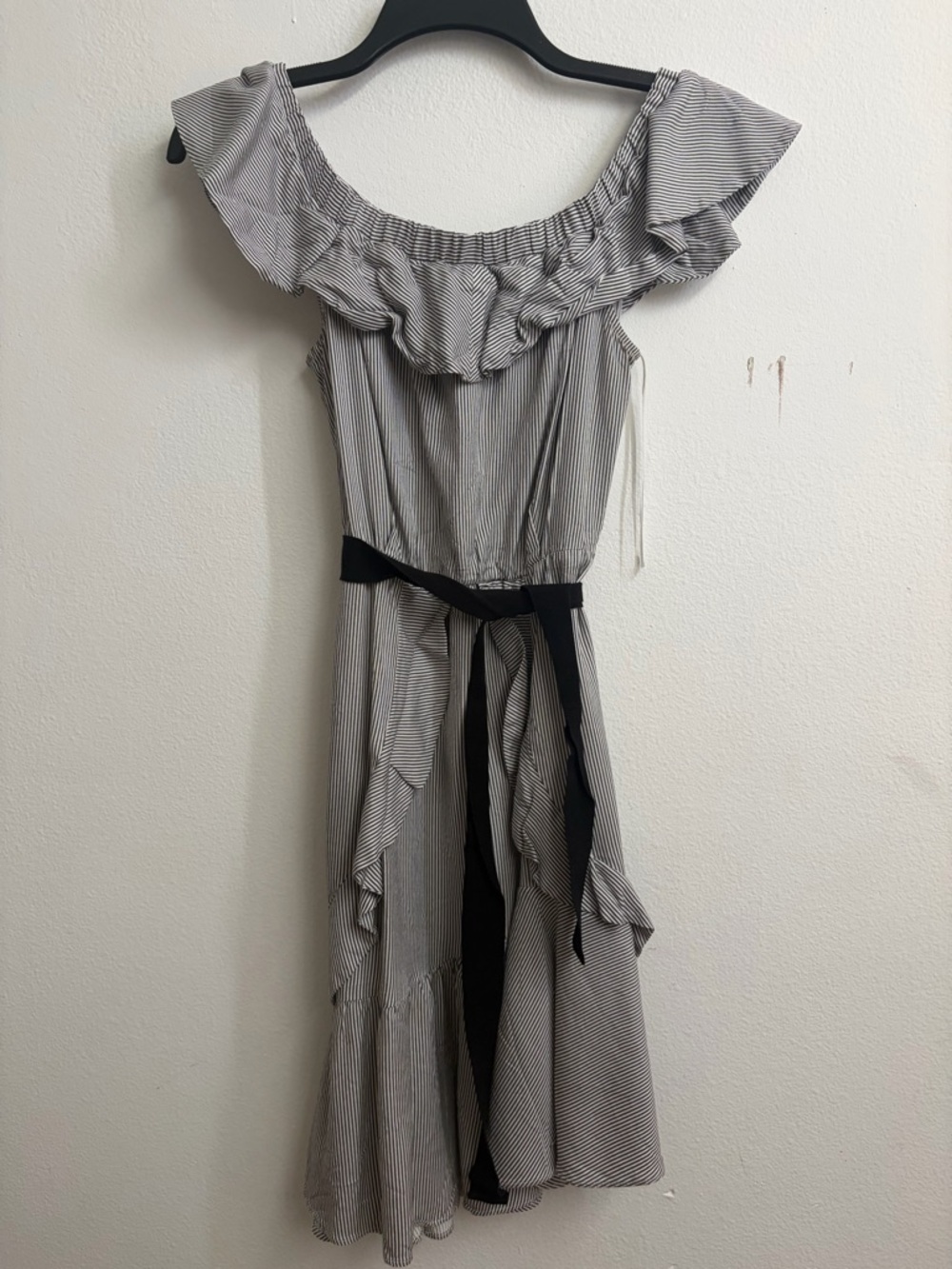 MAJE Off-Shoulder Striped Maxi Jumpsuit with Belt - Black & White